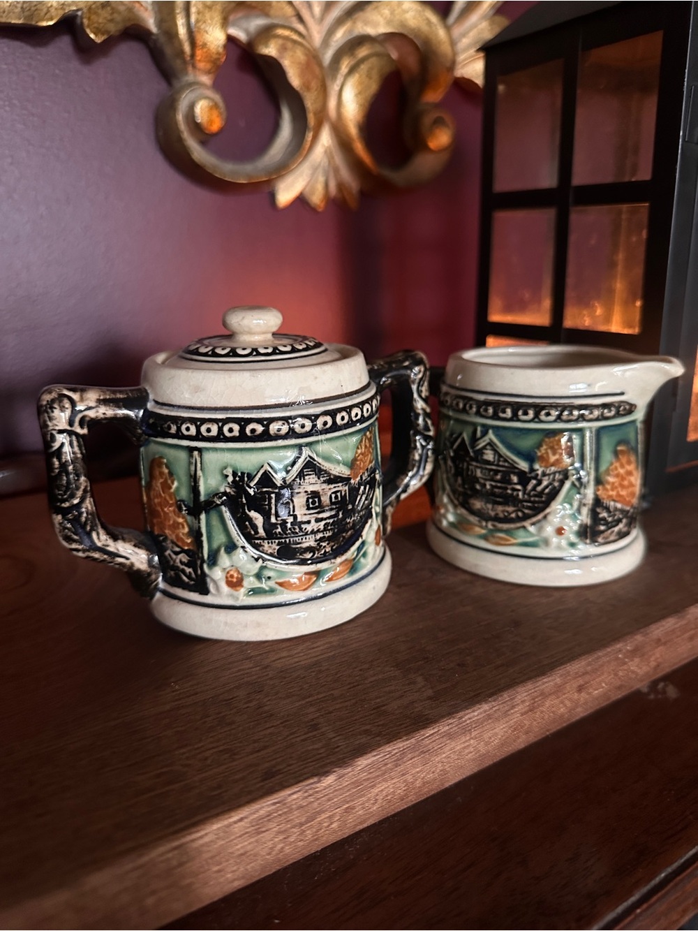 MCM 1950s German Alpine Hand-Painted Ceramic Creamer and Sugar Set